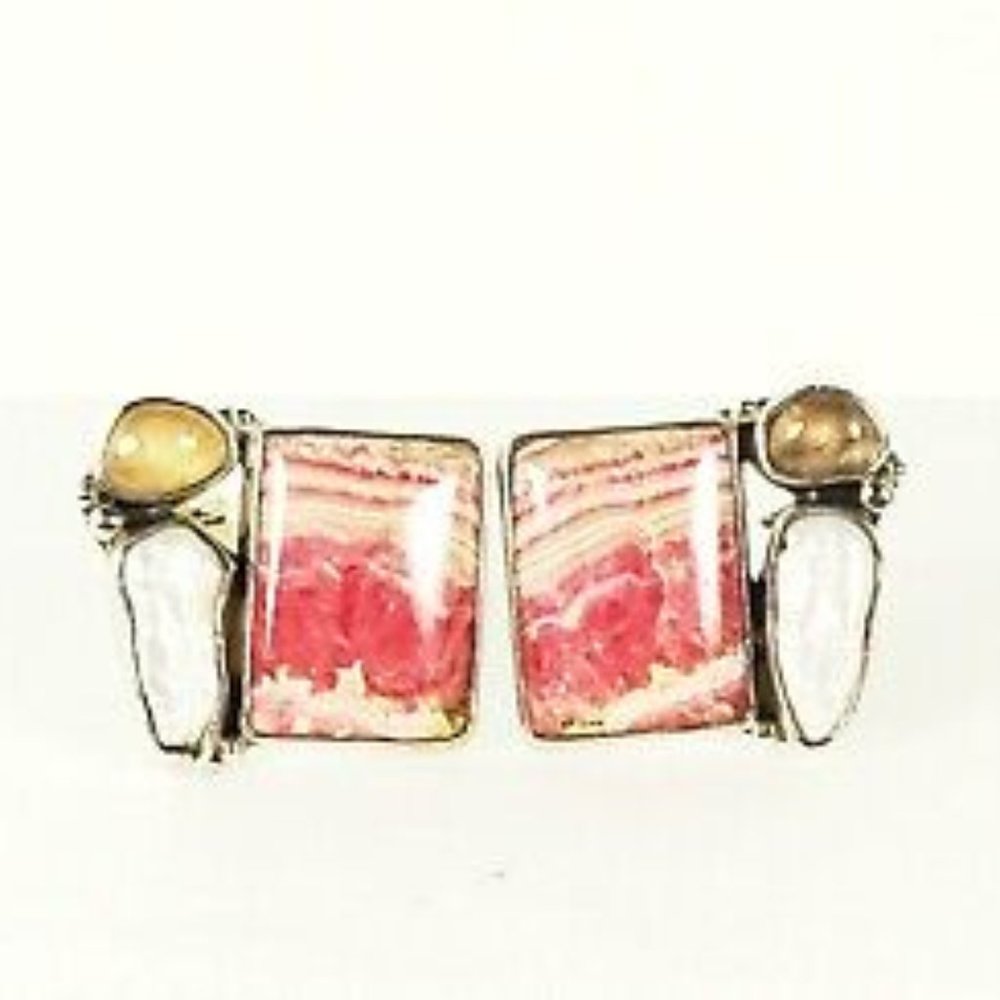 ECHO of the DREAMER/MARS & VALENTINE Sterling Rhodochrosite Pearl Clip Earrings